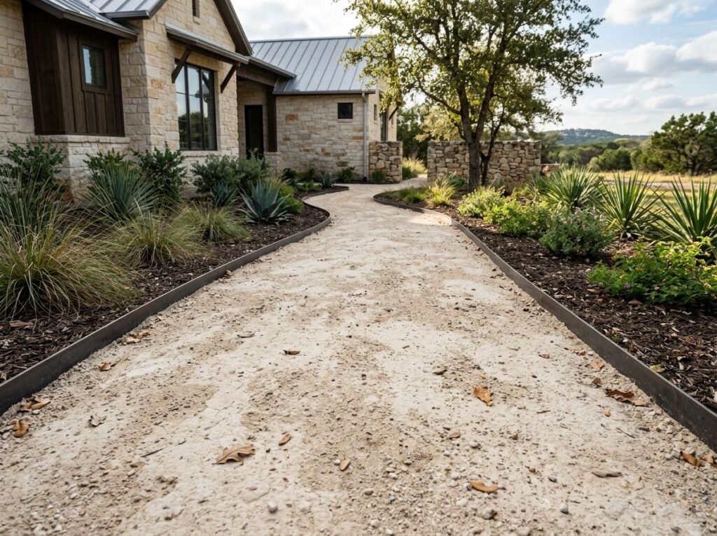 Gravel Base Caliche ground cover spread in a compacted tan, fine gravel layer for a stable landscape base.