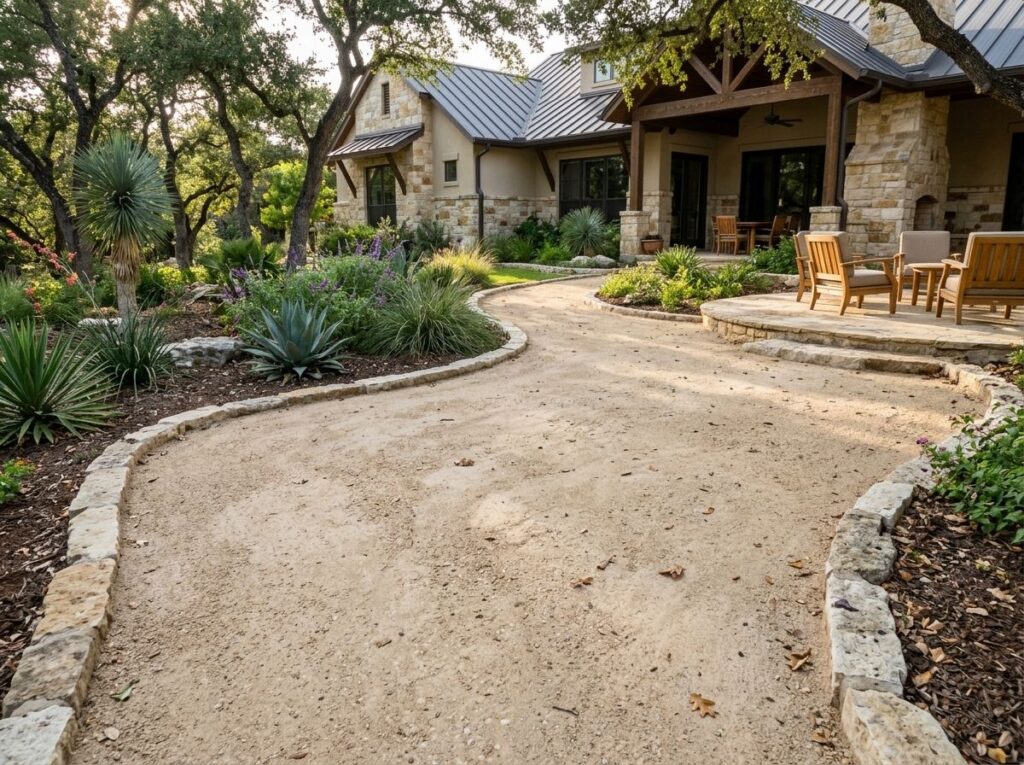Gravel Base Caliche ground cover of tan crushed stone spread in an even layer to form a stable base surface.