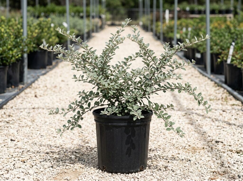 Grayleaf Cotoneaster shrub with silvery green foliage in a nursery pot.