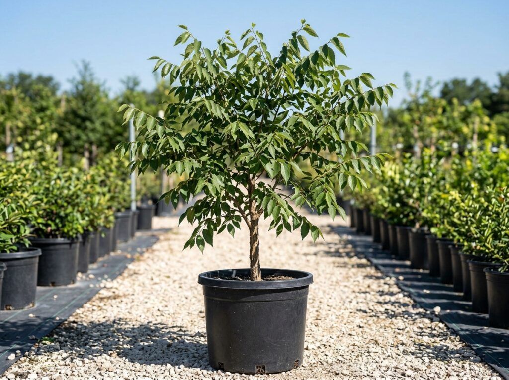 Hackberry tree in a black nursery pot with dense green foliage.