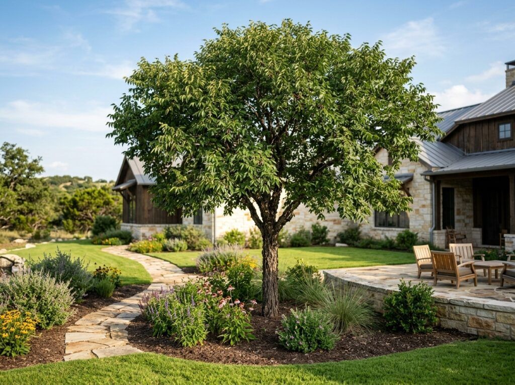 Hackberry tree in a black nursery pot, showing an upright trunk and dense green foliage.