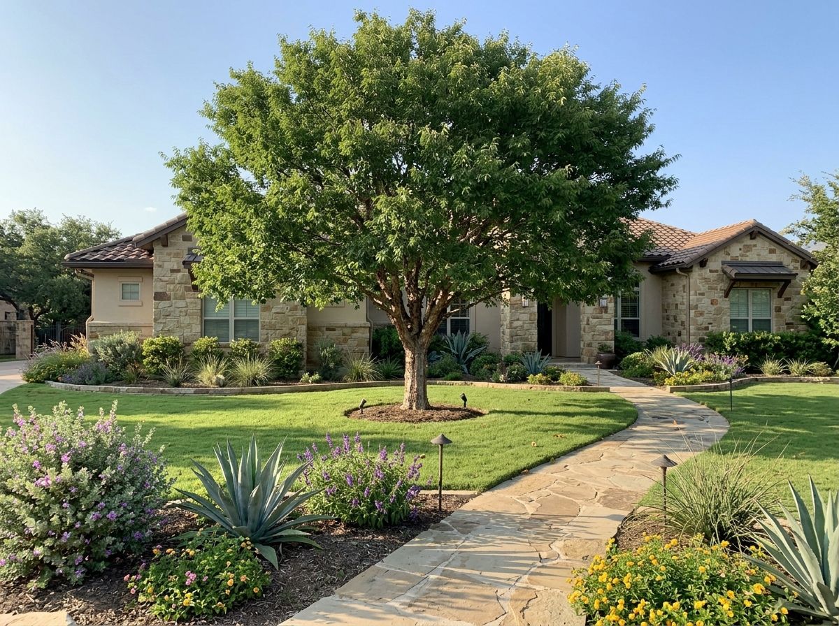 Hackberry tree with dense green canopy and slender trunk in a landscaped yard.