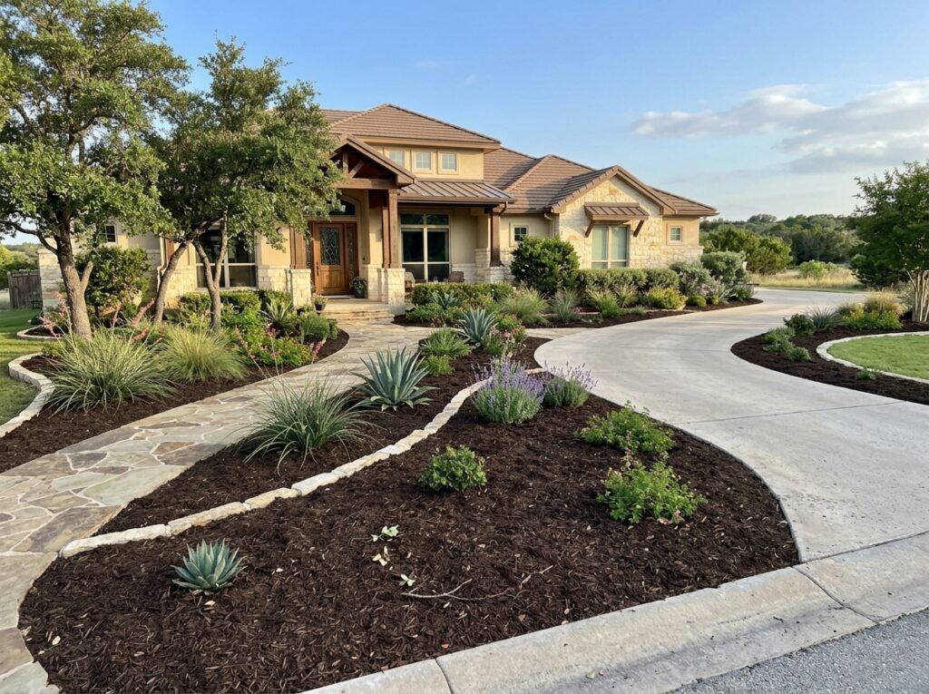 Hardwood Mulch Double Shredded ground cover spread in a dark brown layer around shrubs in a landscape bed.