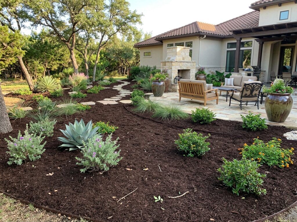 Hardwood Mulch Double Shredded ground cover spread in a thick layer, rich brown shredded bark texture.