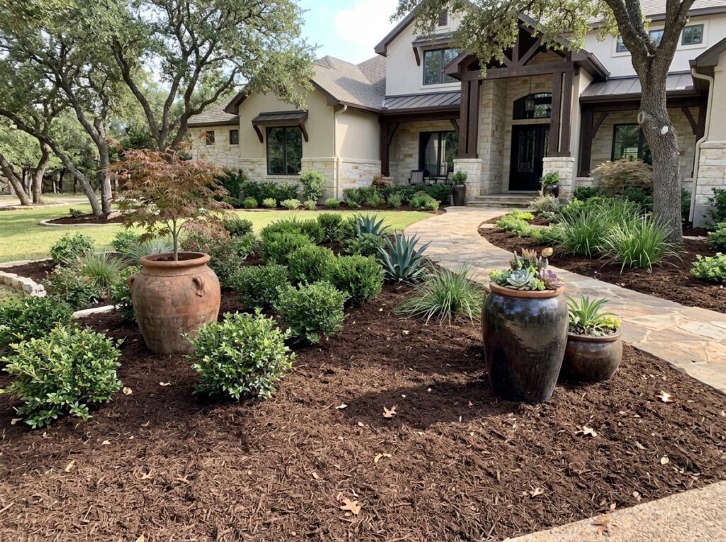 Hardwood Mulch Double Shredded mulch ground cover spread in a landscape bed with rich brown, shredded texture.