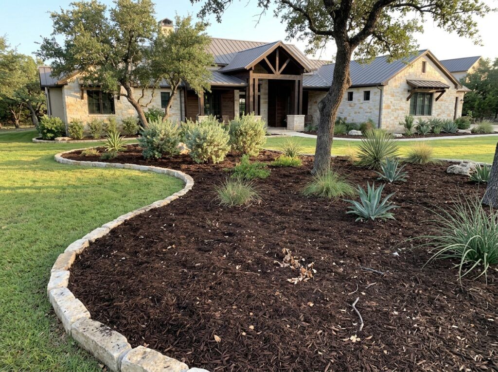 Hardwood Mulch Double Shredded ground cover spread in a garden bed, dark brown shredded pieces around plants.