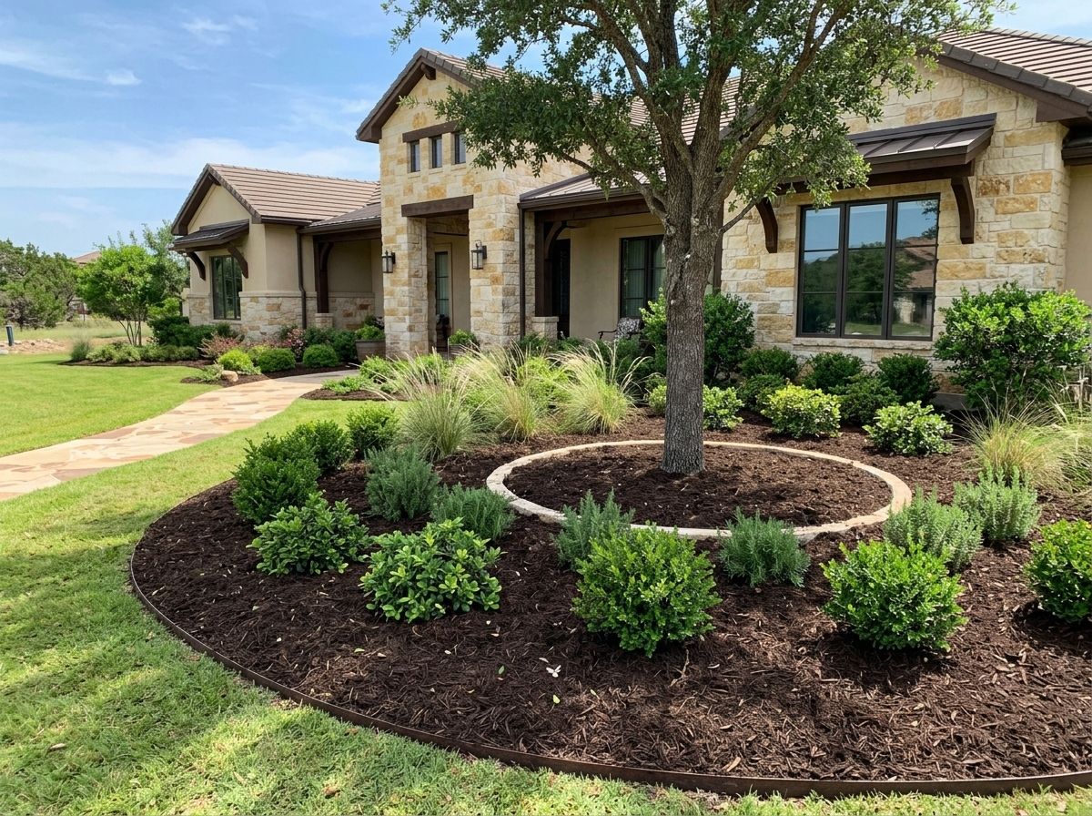 Hardwood Mulch Double Shredded mulch ground cover spread in a rich brown layer over garden soil.