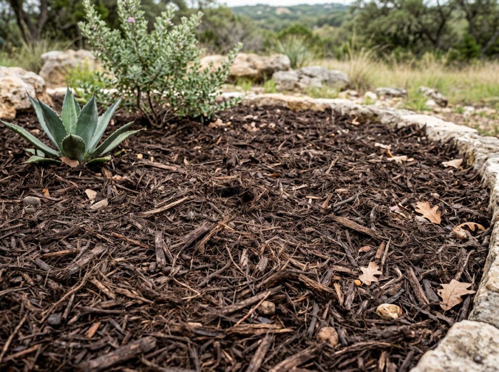 Hardwood Mulch Double Shredded mulch ground cover, rich brown double-shredded pieces spread evenly for landscaping beds.