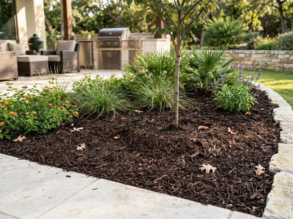 Hardwood Mulch Double Shredded mulch ground cover in rich brown, finely shredded pieces spread in a neat layer.