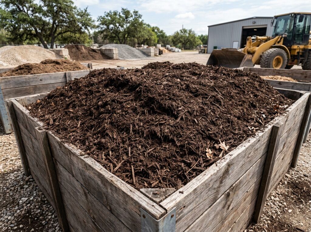 Hardwood Mulch Double Shredded mulch ground cover, dark brown shredded wood pieces spread for landscaping.