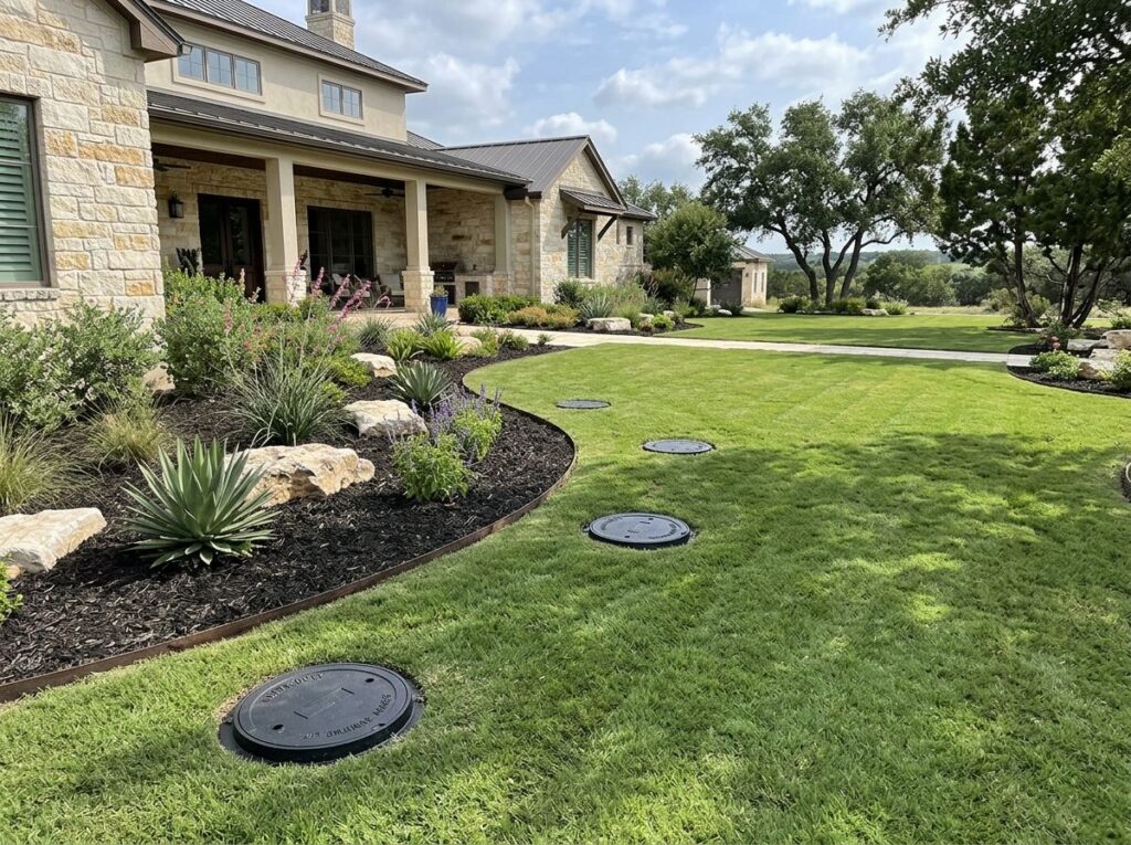 Heavy Duty French Drain French drain drainage trench with gravel and perforated pipe running along the lawn edge.