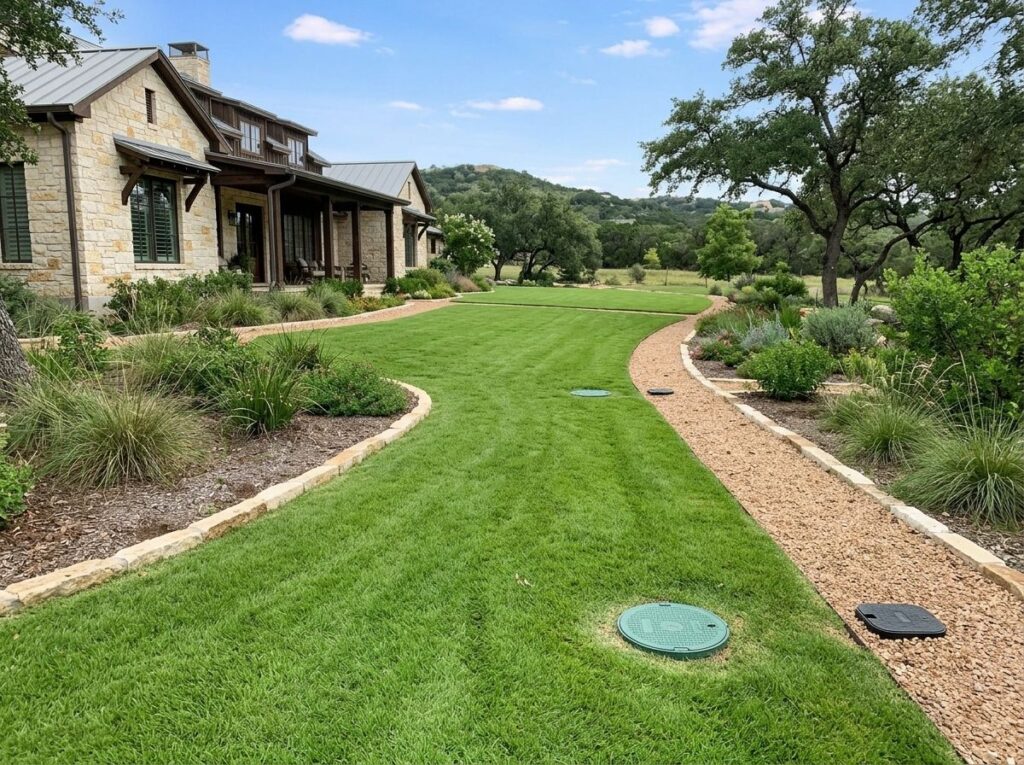 Heavy Duty French Drain French drain with perforated pipe in fabric under gravel trench beside lawn.