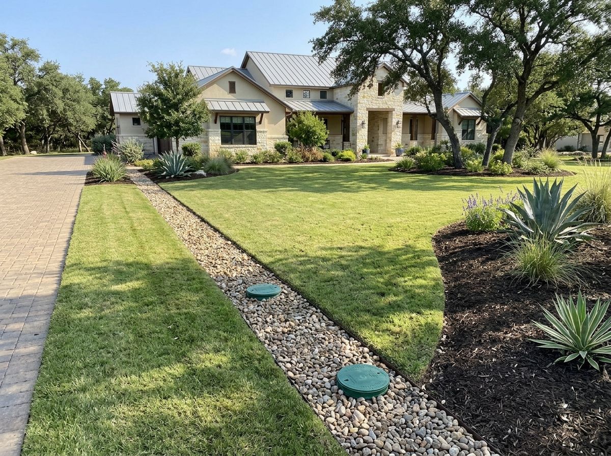 Heavy Duty French Drain drainage system with perforated pipe in gravel trench along lawn edge.