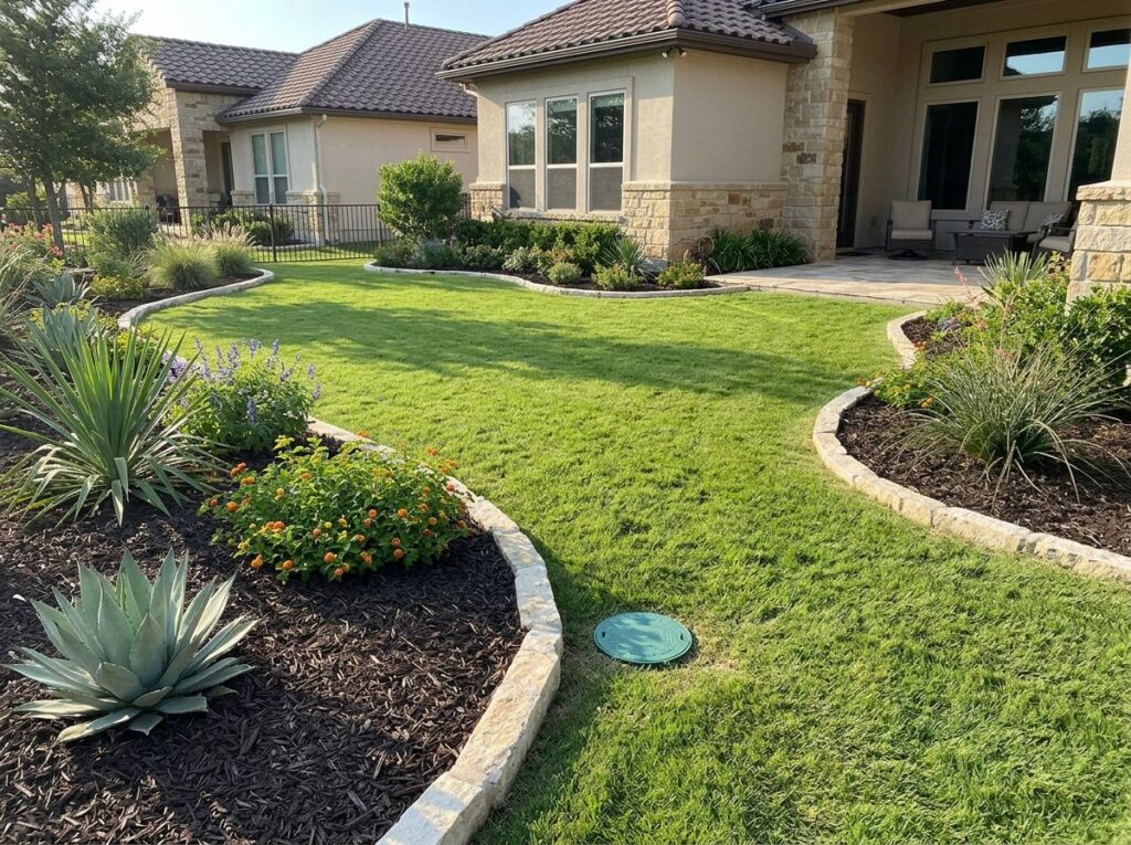 Heavy Duty French Drain drainage trench with perforated pipe wrapped in fabric and gravel along lawn edge.