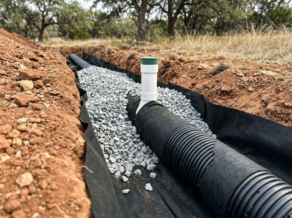 Heavy Duty French Drain French drain drainage system with perforated pipe in gravel trench along lawn edge.
