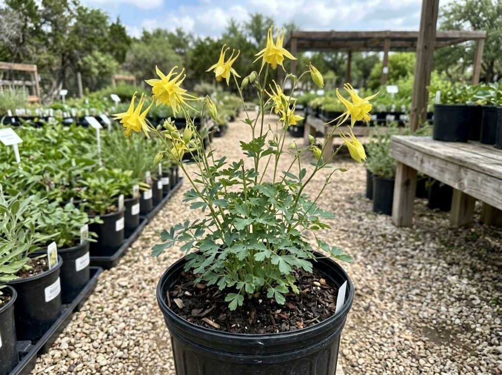 Hinckley Columbine perennial in a nursery pot, showing airy green foliage and thin upright stems.