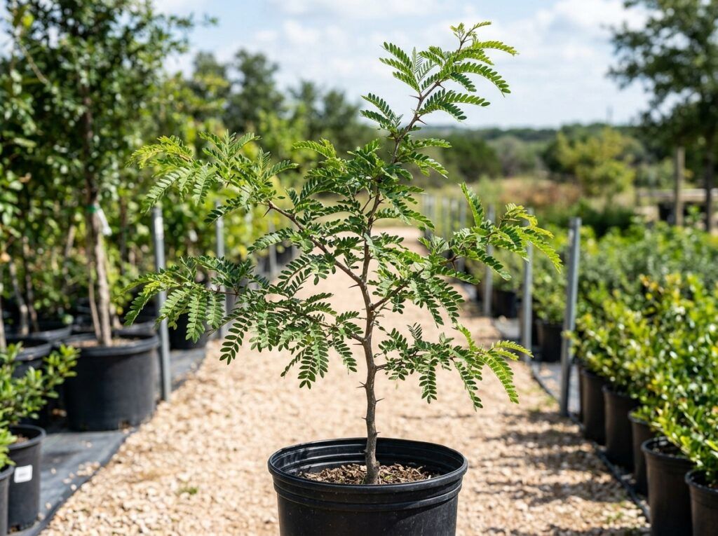 Honey Locust tree with airy green foliage and dappled shade, shown as mature specimen in landscape.