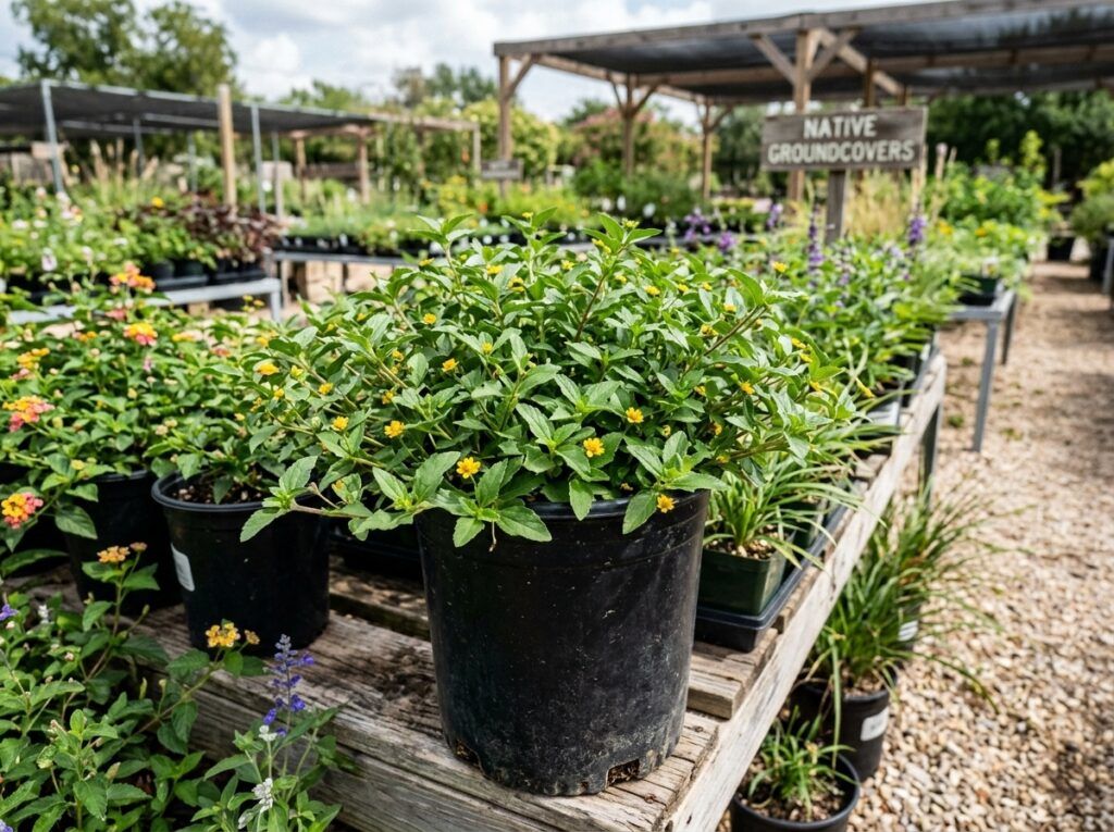 Horseherb groundcover with round green leaves and small yellow flowers spreading across soil.