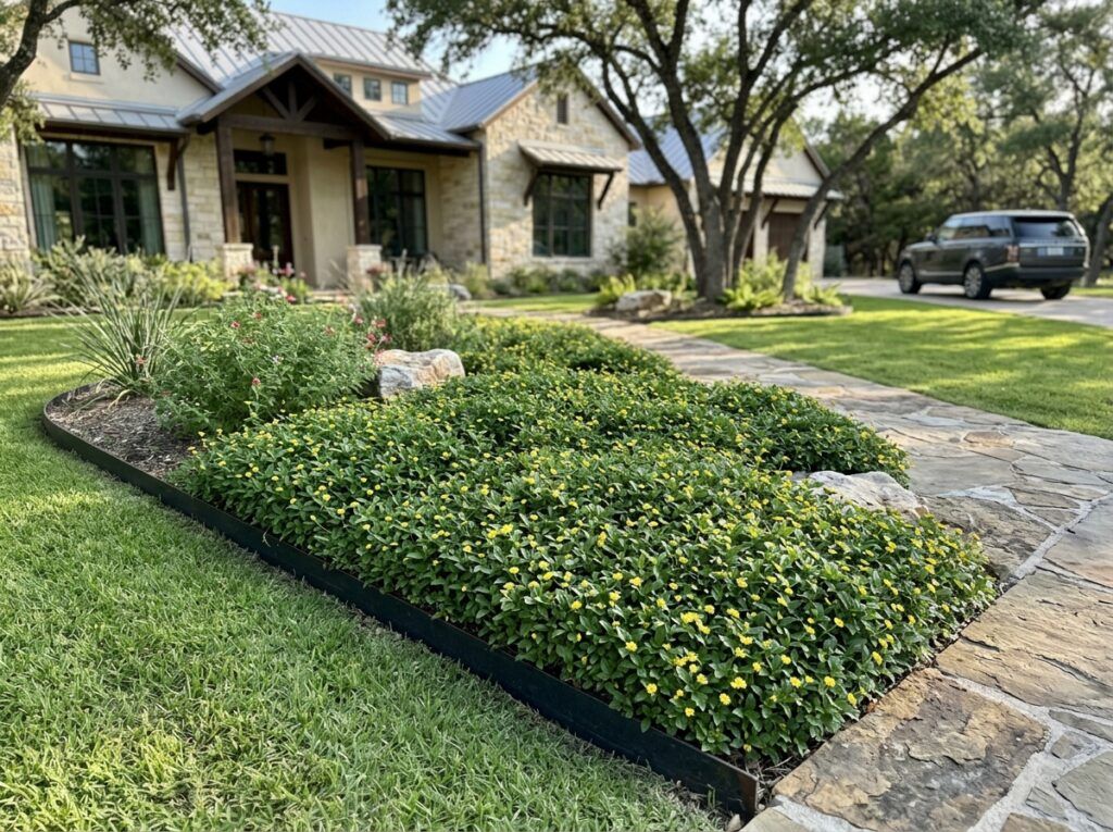 Horseherb groundcover with small round green leaves and tiny yellow flowers forming a low, spreading mat in a pot.