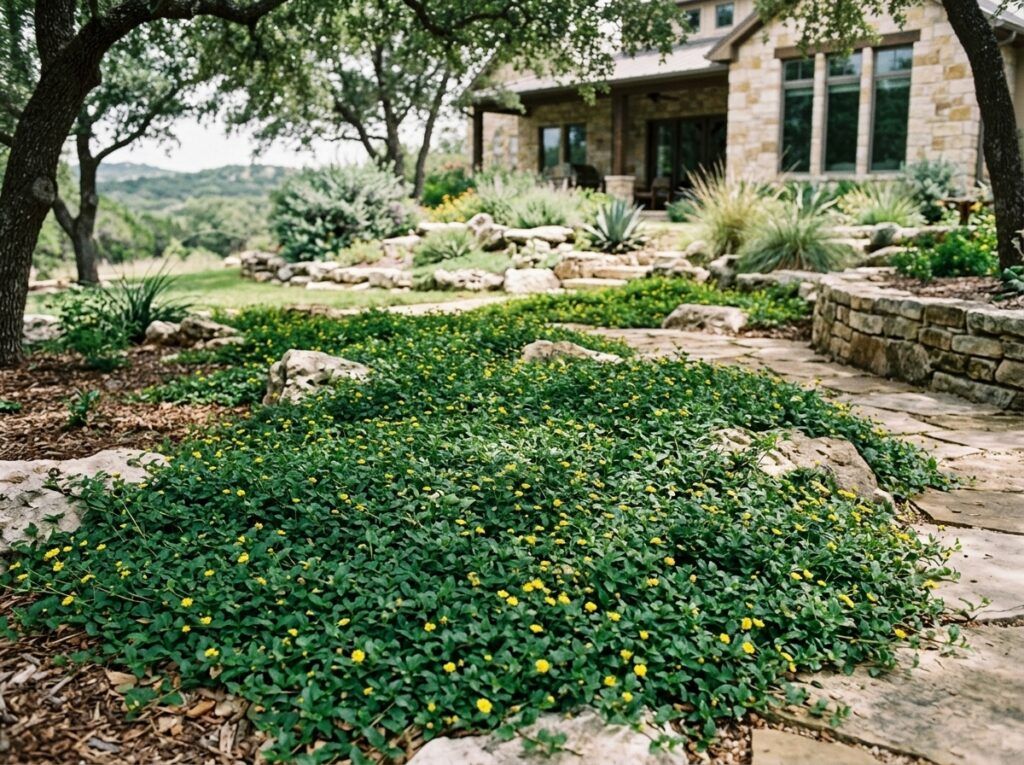 Horseherb groundcover with trailing green leaves and small yellow daisy-like flowers spreading across the soil.