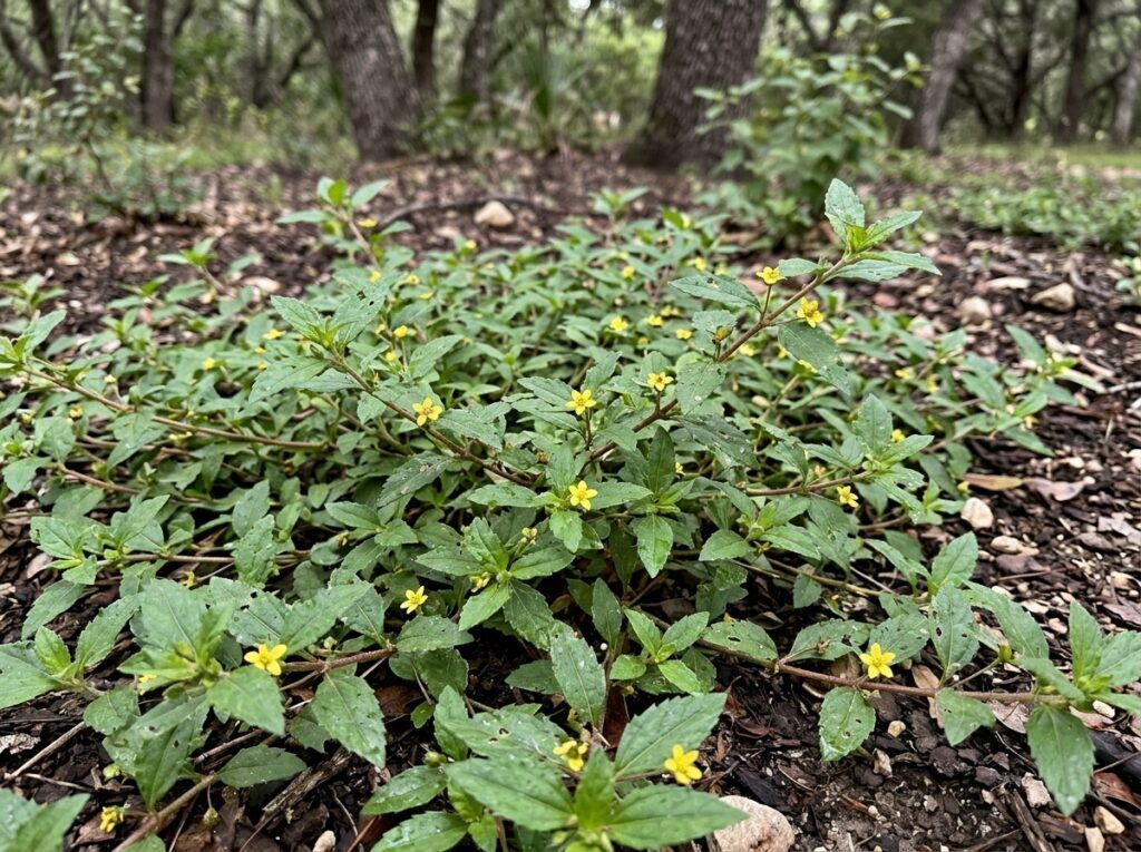 Horseherb groundcover with trailing stems of round green leaves and small yellow daisy-like flowers.