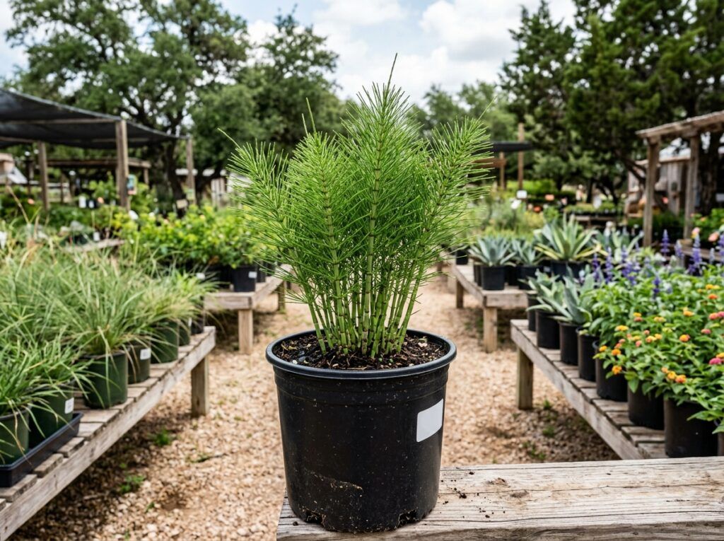 Horsetail perennial in a black nursery pot with upright green, segmented bamboo-like stems.