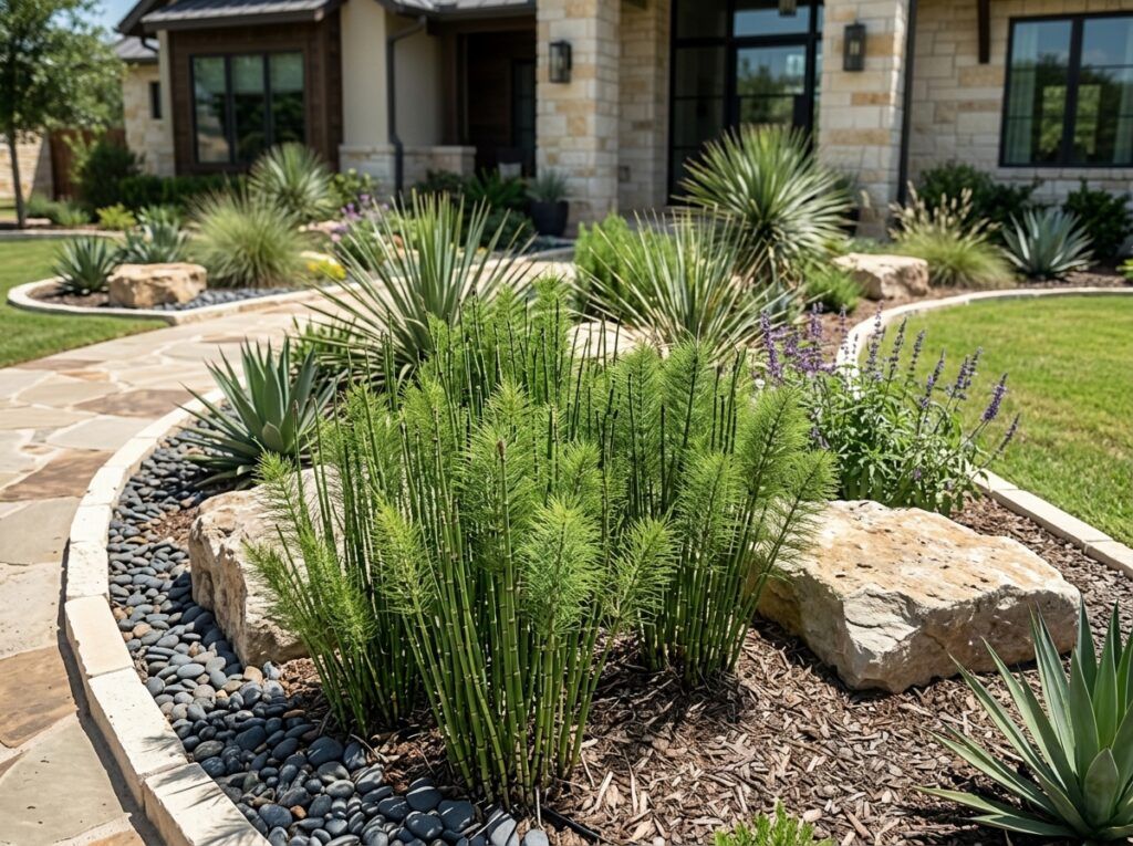 Horsetail perennial with upright green segmented stems in a black nursery pot.