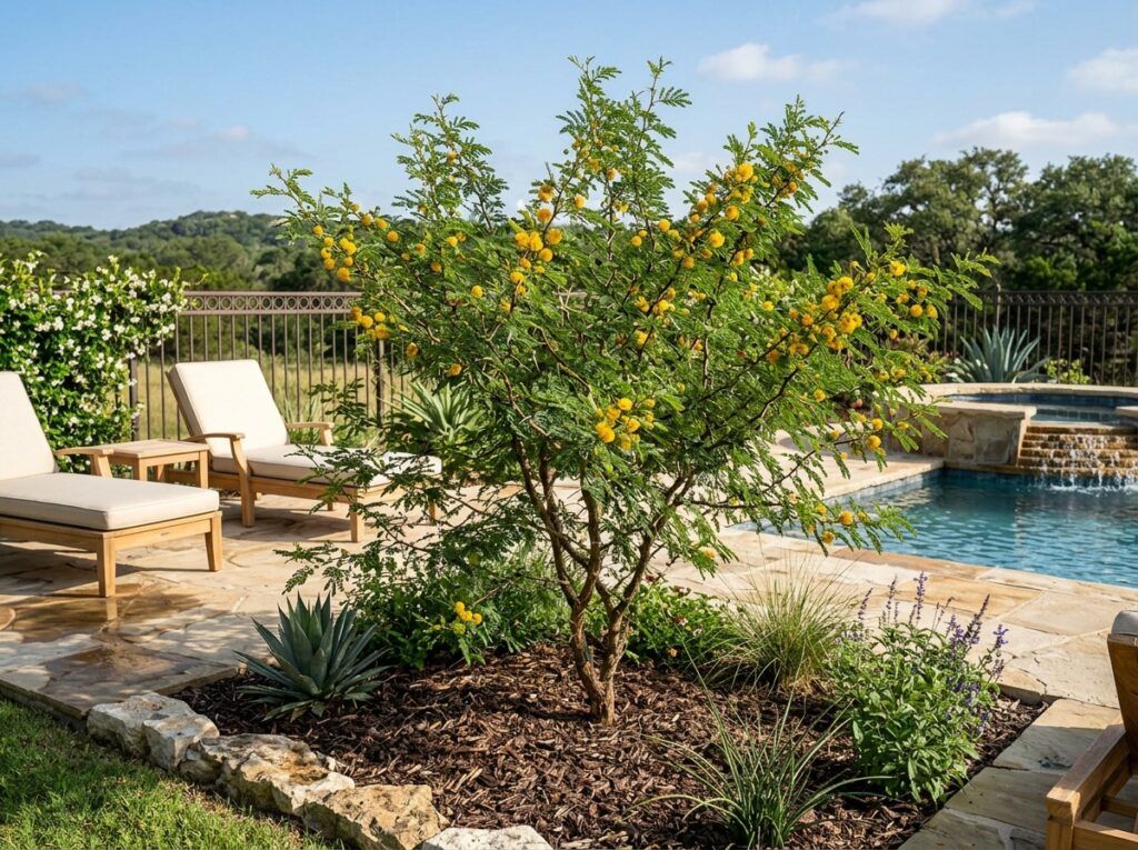 Huisache tree with feathery green foliage in a landscaped setting