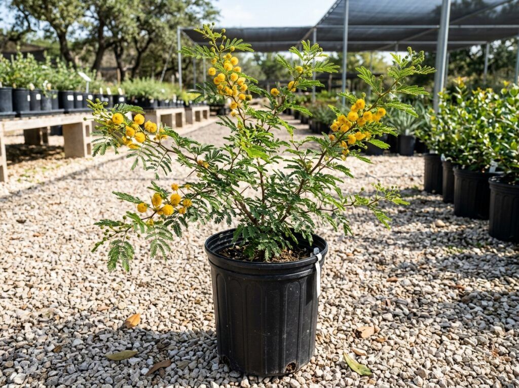Huisache tree with feathery green foliage in a nursery container, shown as a small young specimen.
