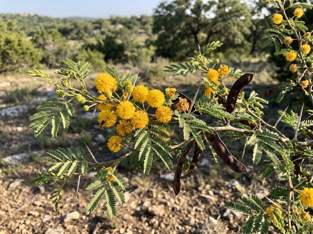 Huisache tree with feathery green leaves and small yellow puffball flowers against a bright sky.
