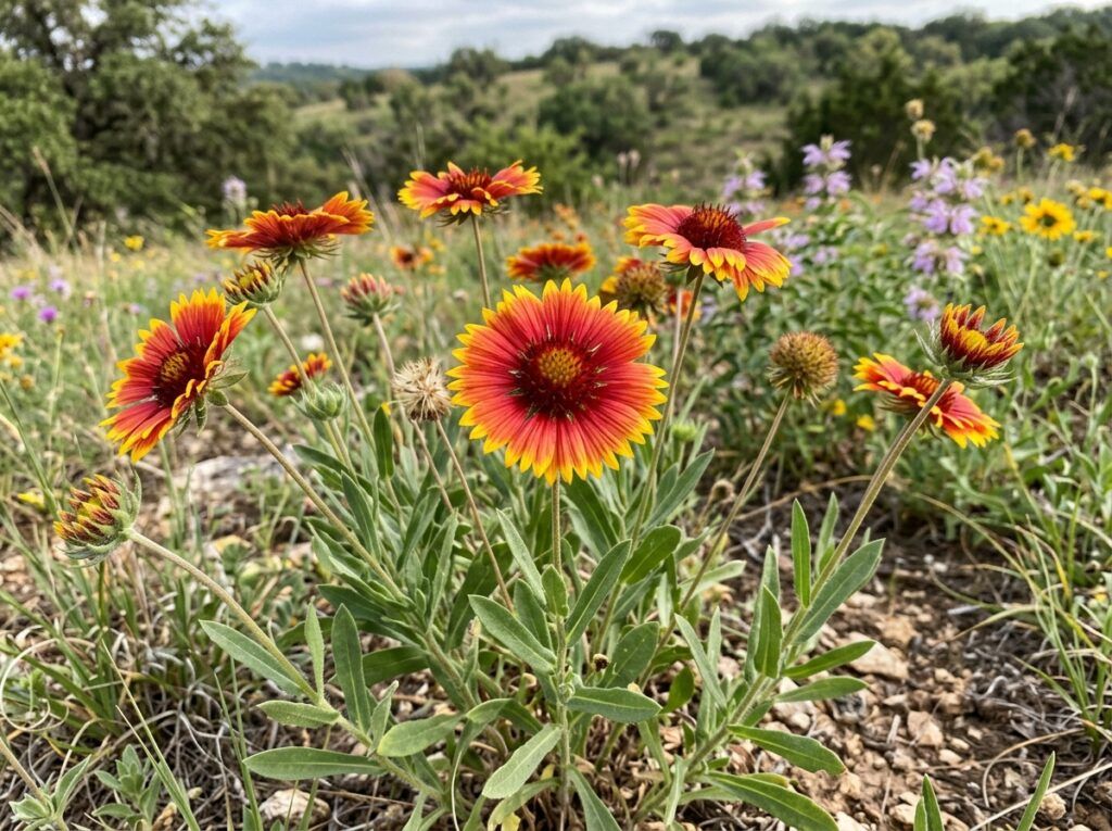 Indian Blanket flowering with red and yellow daisy-like blooms and green foliage in close-up.