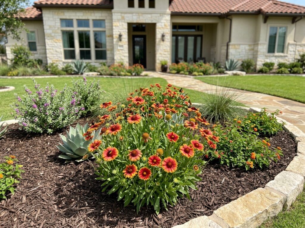 Indian Blanket perennial in a container, showing red and yellow daisy-like blooms and green foliage.