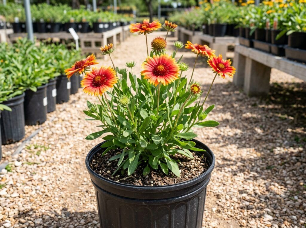 Indian Blanket perennial with red and yellow daisy-like blooms and green foliage in a garden bed.
