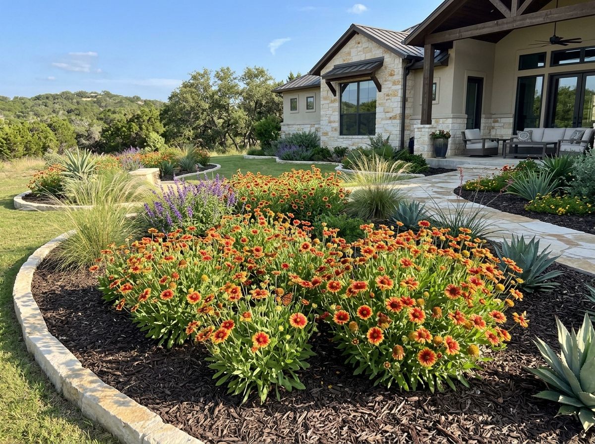 Indian Blanket perennial with red and yellow daisy-like blooms and green foliage growing in a garden bed.