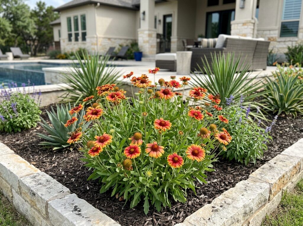 Indian Blanket perennial with red and yellow daisy-like flowers in bloom above green foliage.