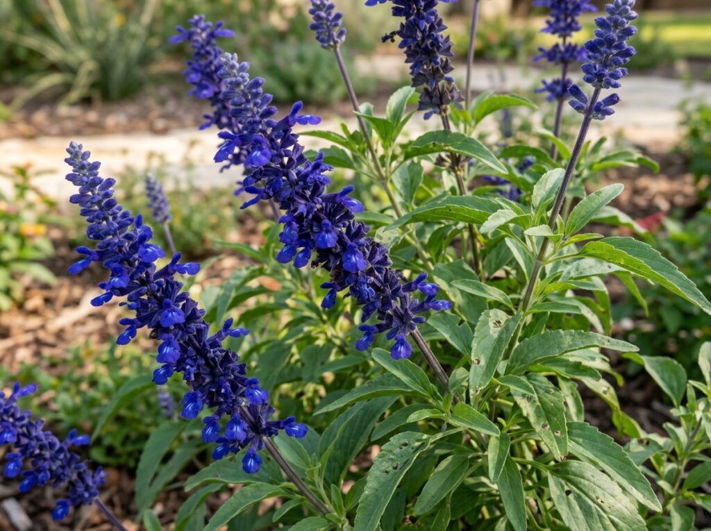 Indigo Spires Salvia perennial in a black nursery pot with tall purple flower spikes and green foliage.