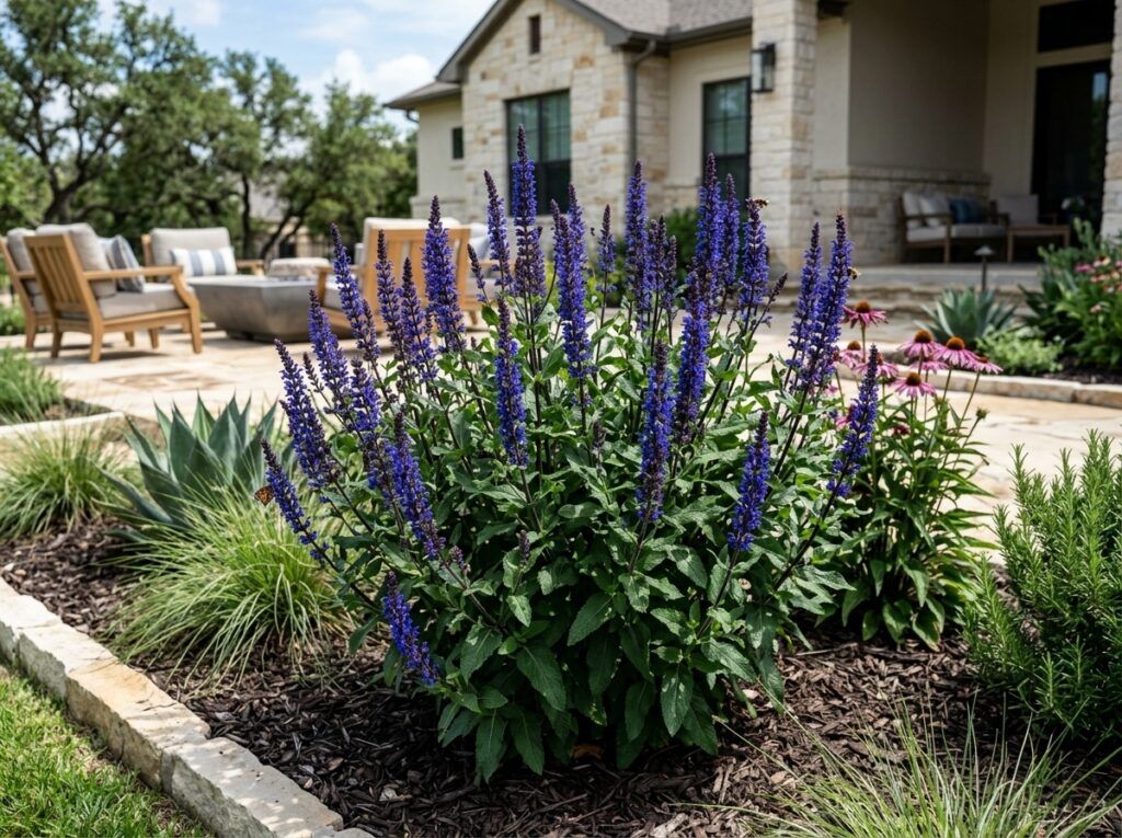 Indigo Spires Salvia perennial in a nursery pot, upright green foliage topped with deep purple flower spikes.