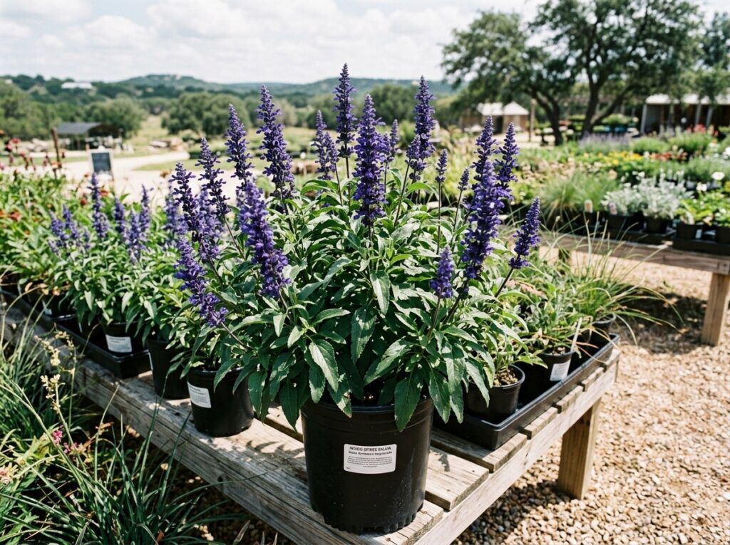 Indigo Spires Salvia perennial in a nursery pot with tall purple flower spikes and green foliage.