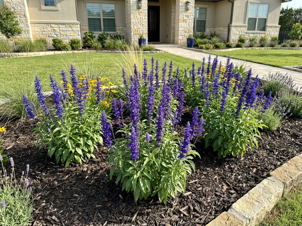 Indigo Spires Salvia perennial in a nursery pot with tall purple flower spikes and green foliage.