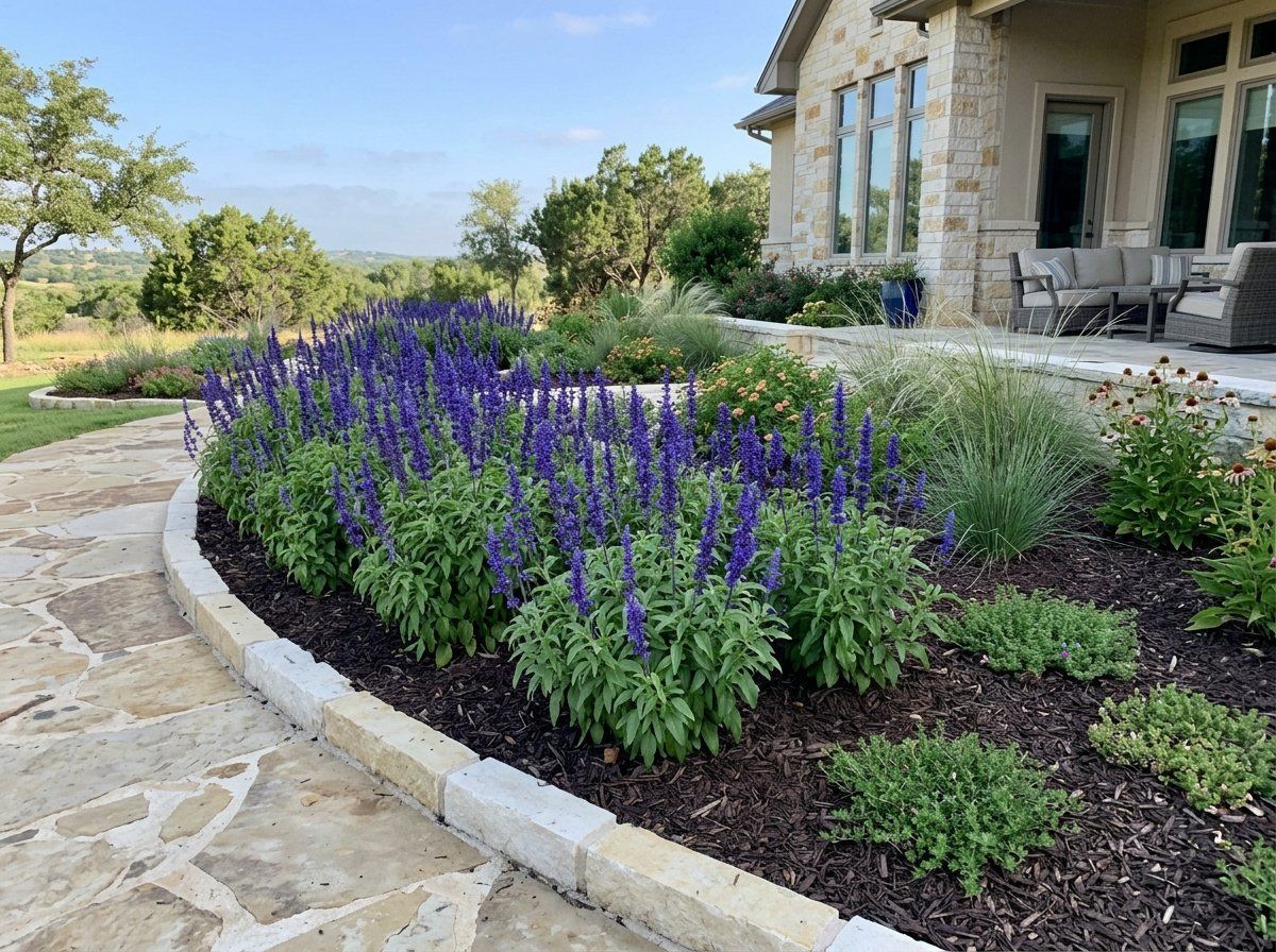 Indigo Spires Salvia perennial with tall deep purple flower spikes and green foliage in bloom.