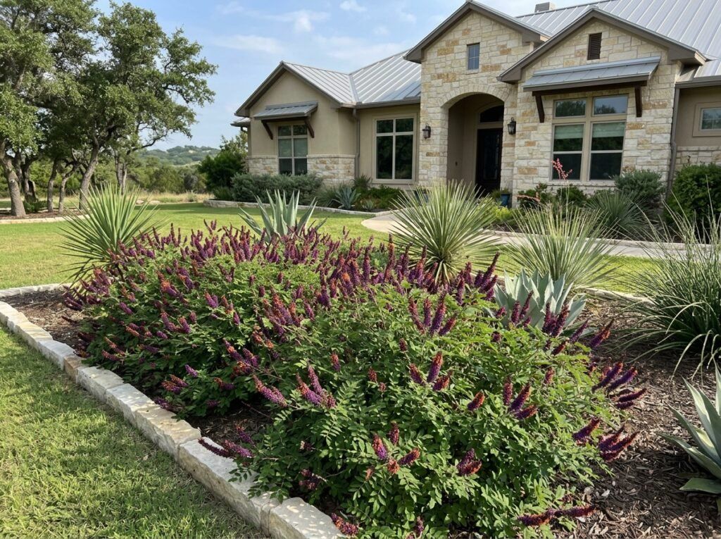 Indigobush shrub with arching green stems and purple flower spikes growing in a landscape planting.