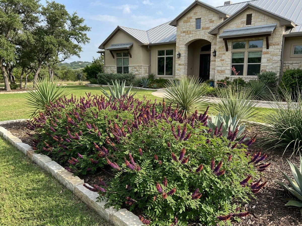 Indigobush shrub with arching green stems and purple flower spikes growing in a landscape planting.