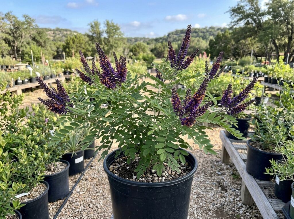 Indigobush shrub in a nursery container with dense green foliage and upright stems.