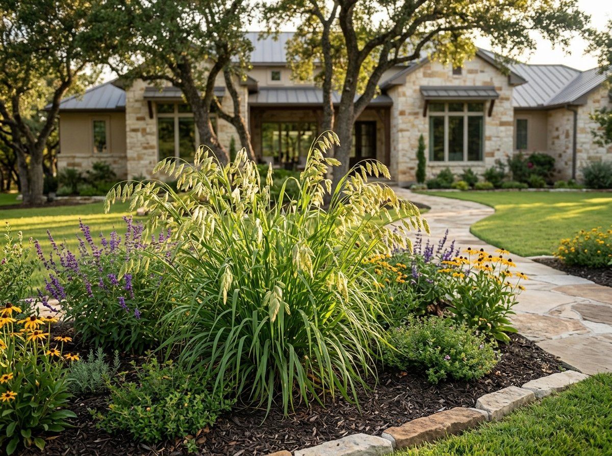 Inland Sea Oats perennial with arching green blades and dangling oat-like seed heads in a garden bed.
