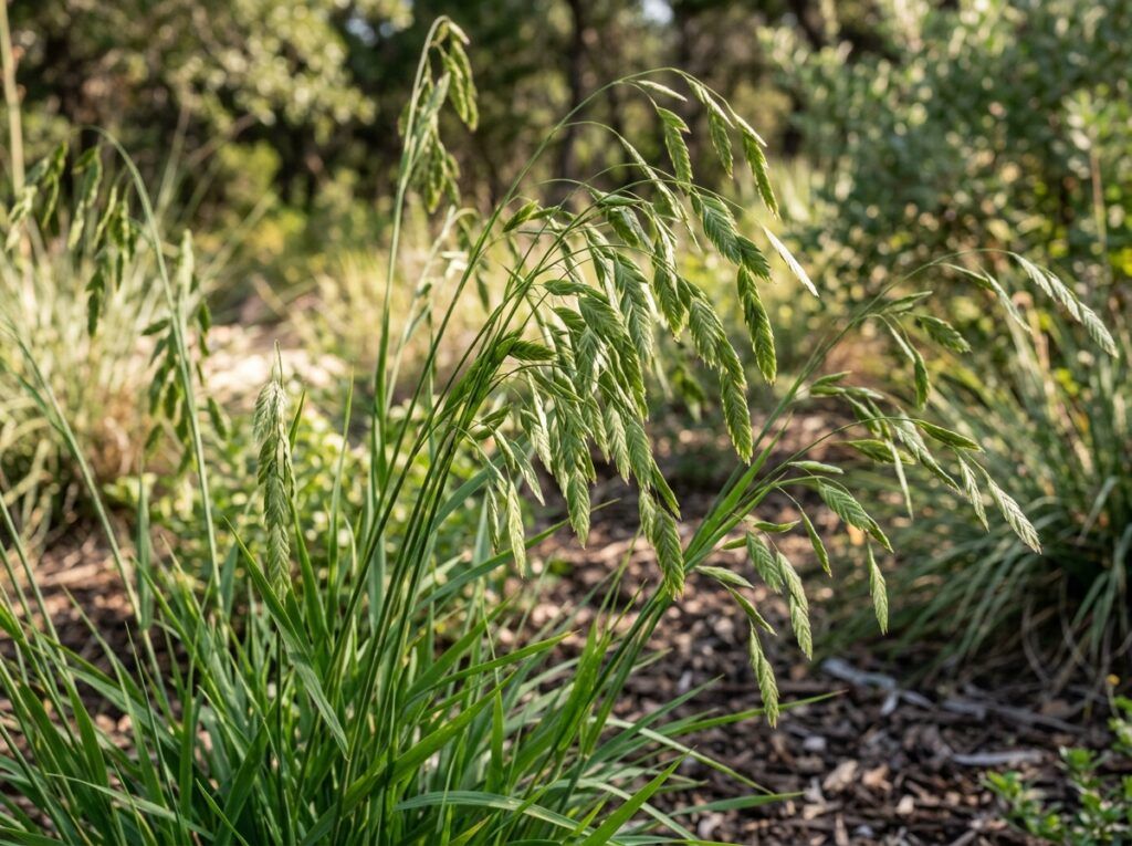 Inland Sea Oats ornamental grass with arching green blades and dangling seed heads in a nursery pot.