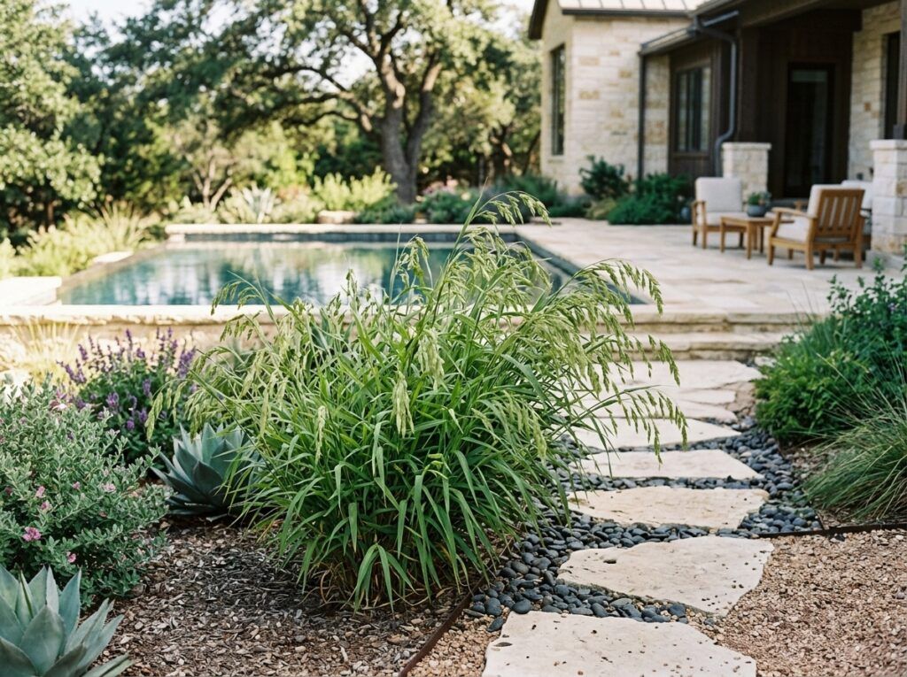 Inland Sea Oats perennial grass with arching green blades and dangling oat-like seed heads in a garden bed.