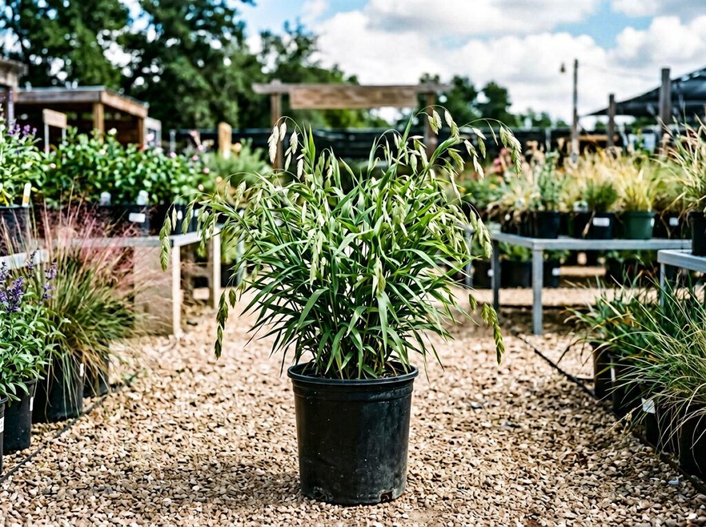 Inland Sea Oats perennial grass in container, arching green blades with dangling oat-like seed heads.