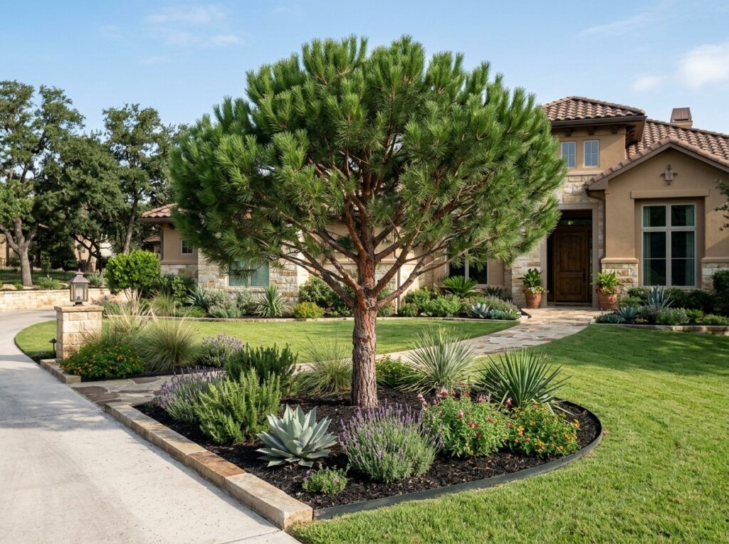 Italian Stone Pine tree with dense green needles and an upright trunk, shown in a nursery container.