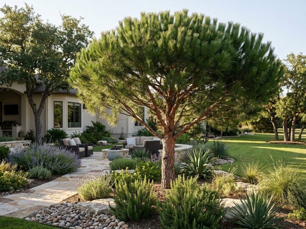 Italian Stone Pine tree in a black nursery container, showing dense green needles and upright trunk.