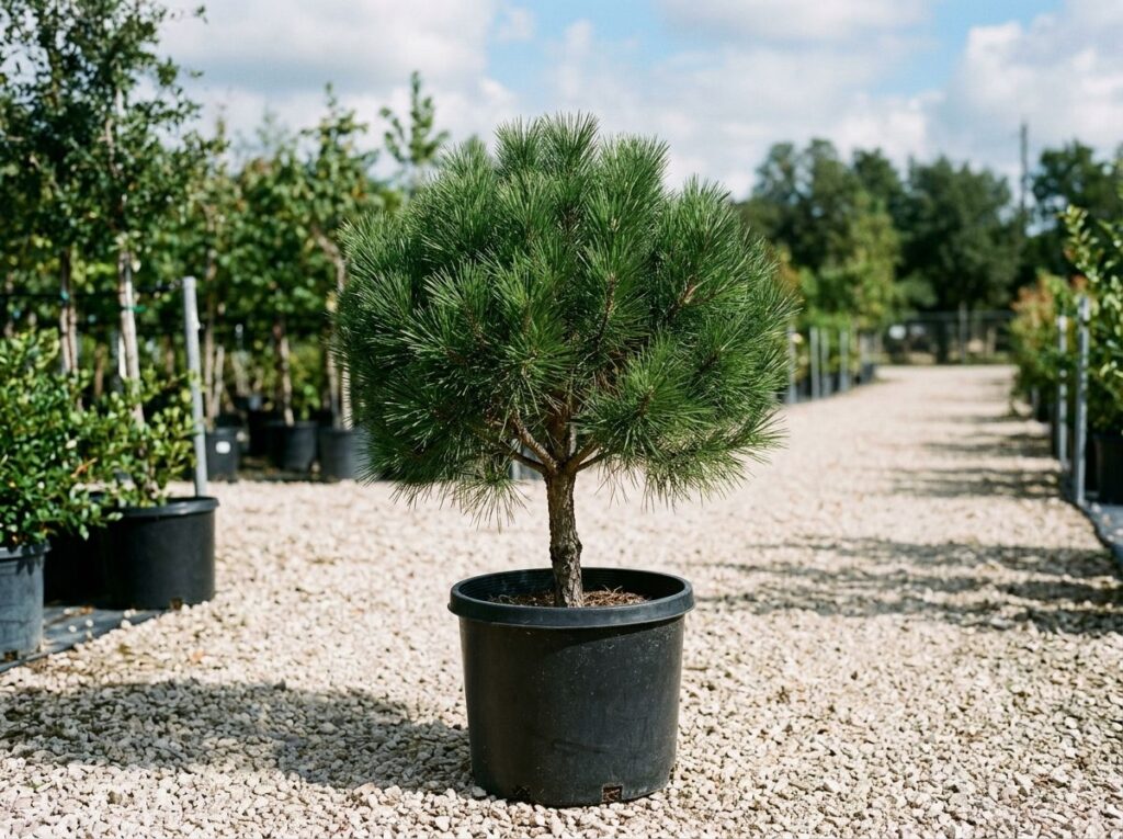 Italian Stone Pine tree in black nursery pot with dense green needles and upright trunk.